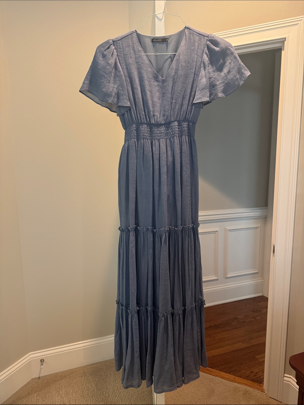 Mikarose Dusty Blue V-Neck Tiered Maxi Dress